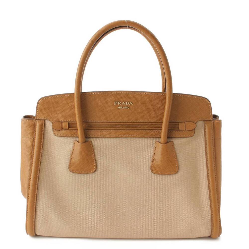Prada Canvas Leather Handbag Brown Beige